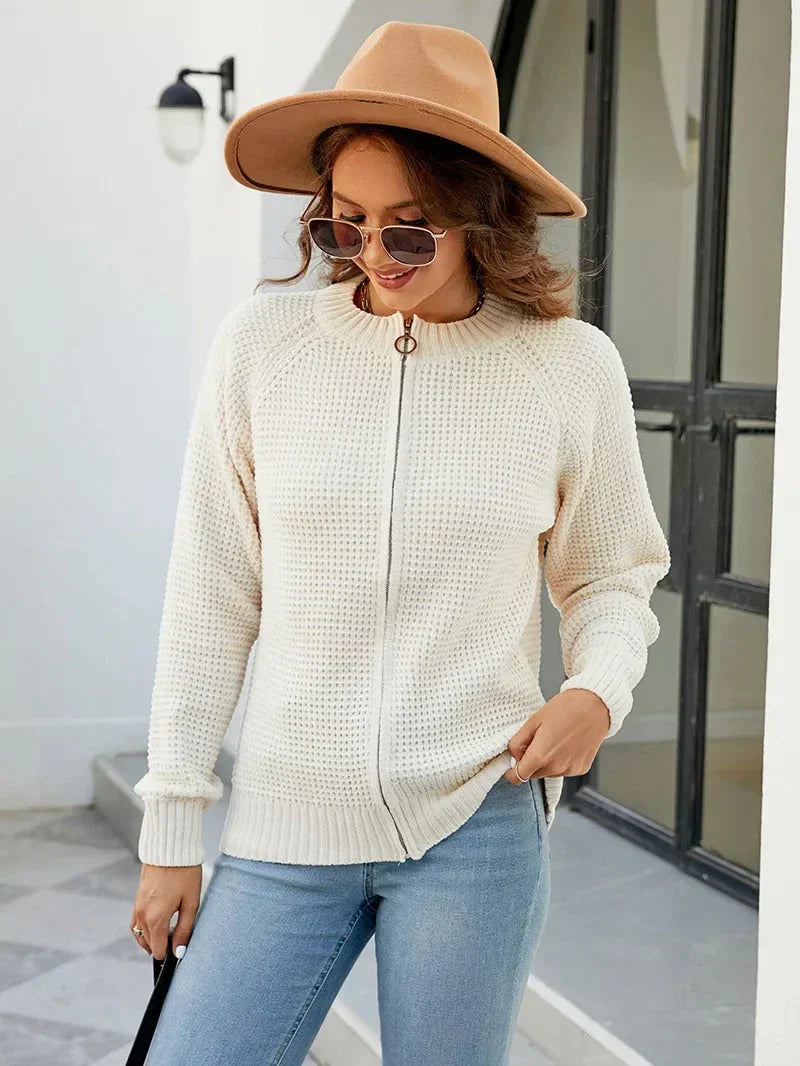 Street-Wave Women Zip Up Cardigan Knit Sweater Autumn Solid Color Cozy Layering Essential