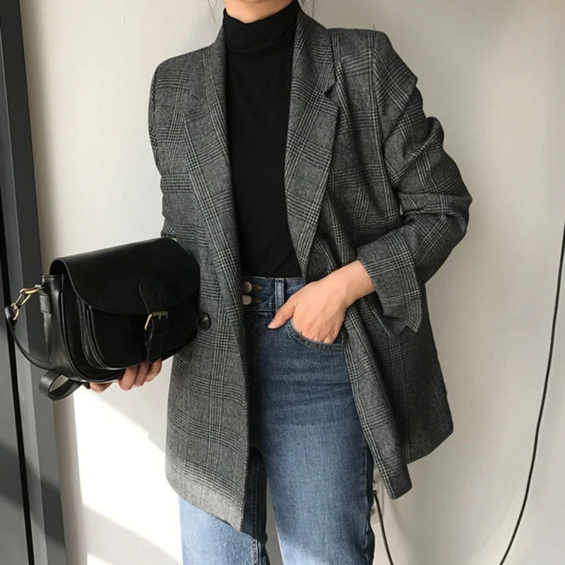 Street-Wave Women Plaid Blazer Notch Collar Tailored Fit For Modern Professional Style