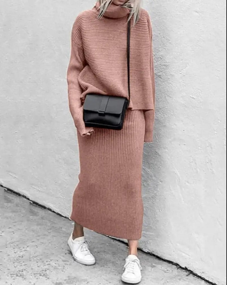 Street-wave High Neck Knit Set for Women, Cozy Chic Two Piece Ensemble with Turtleneck Top and Skirt