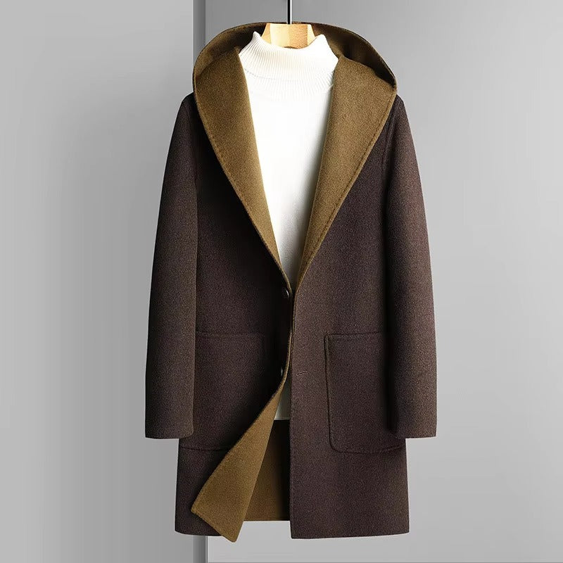 Men's Reversible Wool Blend Hooded Trench Coat Two Looks in One Versatile Winter Outerwear