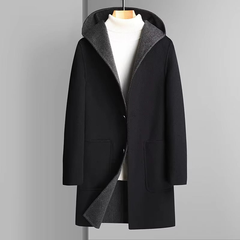 Men's Reversible Wool Blend Hooded Trench Coat Two Looks in One Versatile Winter Outerwear