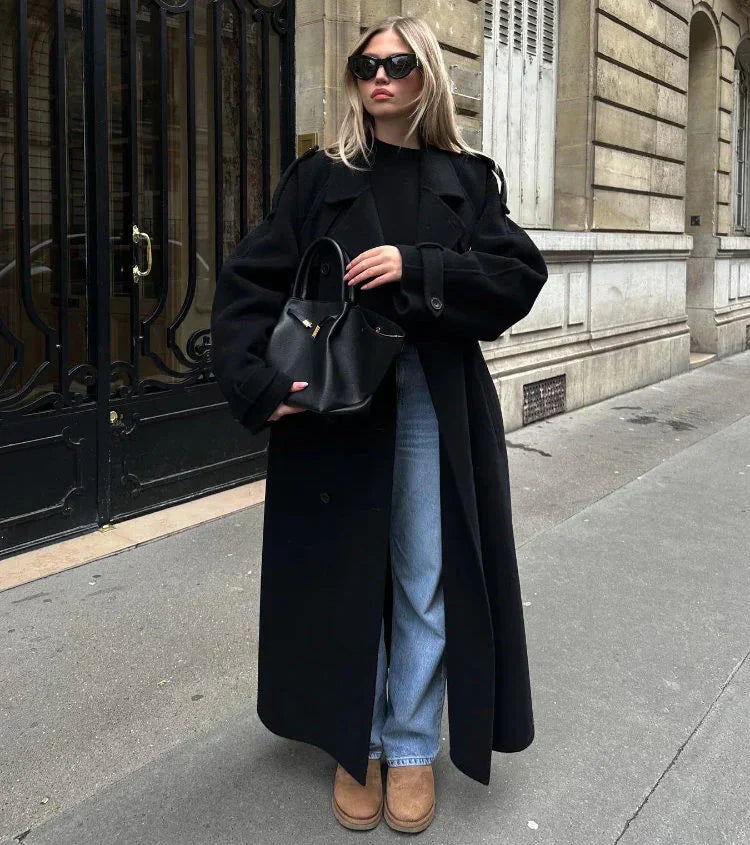 Street-Wave Double-Breasted Wool Blend Coat for Women - Oversized Longline Urban Elegance