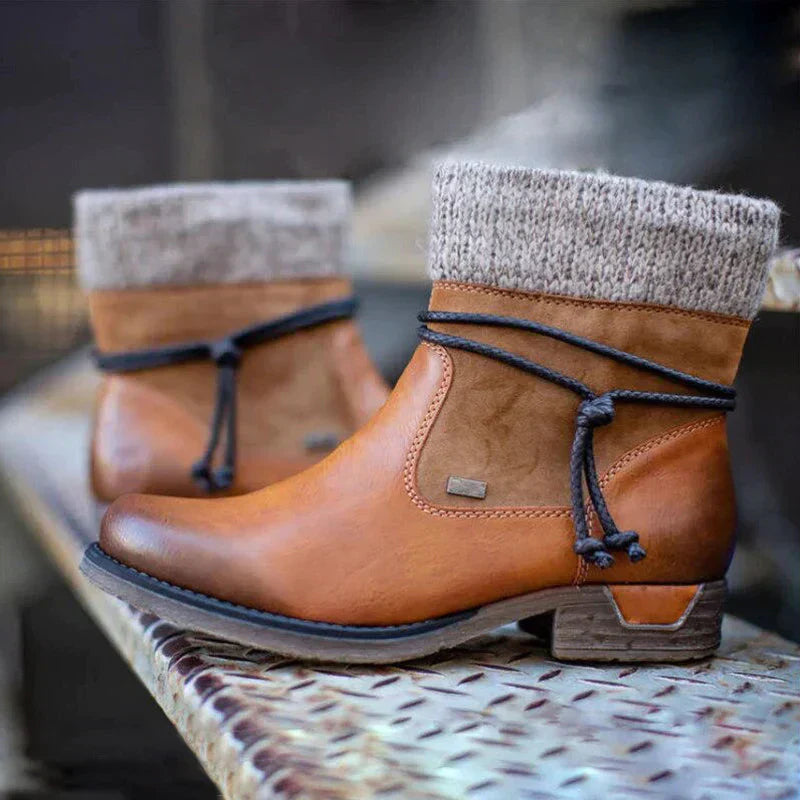 Street-Wave Leather Ankle Boots With Knit Cuff And Wrap Tie For Women Vintage Glamour