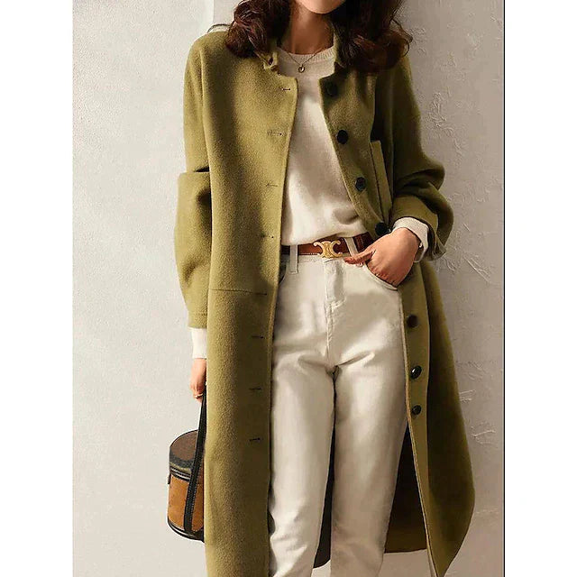 Street-wave Wool Blend Coat For Women Long Structured Fit With Lapel Collar And Flap Pockets