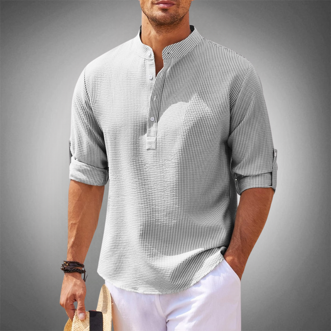 Street-Wave Men Mandarin Collar Shirt With Roll Up Sleeves