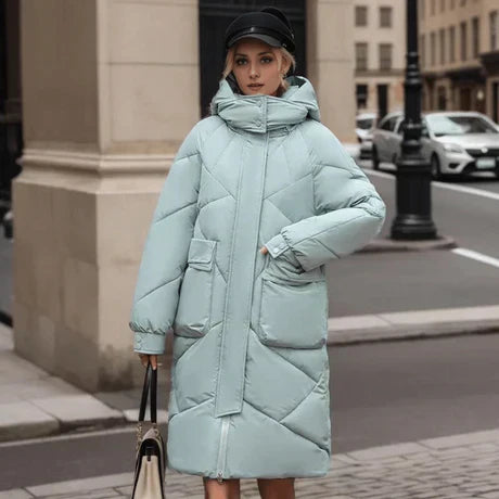 Street Wave Cozy Padded Coat For Women Oversized Fit With Hood High Collar And Adjustable Cuffs Midlength