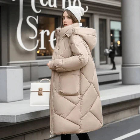 Street Wave Cozy Padded Coat For Women Oversized Fit With Hood High Collar And Adjustable Cuffs Midlength