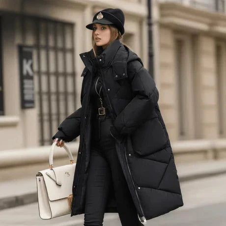 Street Wave Cozy Padded Coat For Women Oversized Fit With Hood High Collar And Adjustable Cuffs Midlength