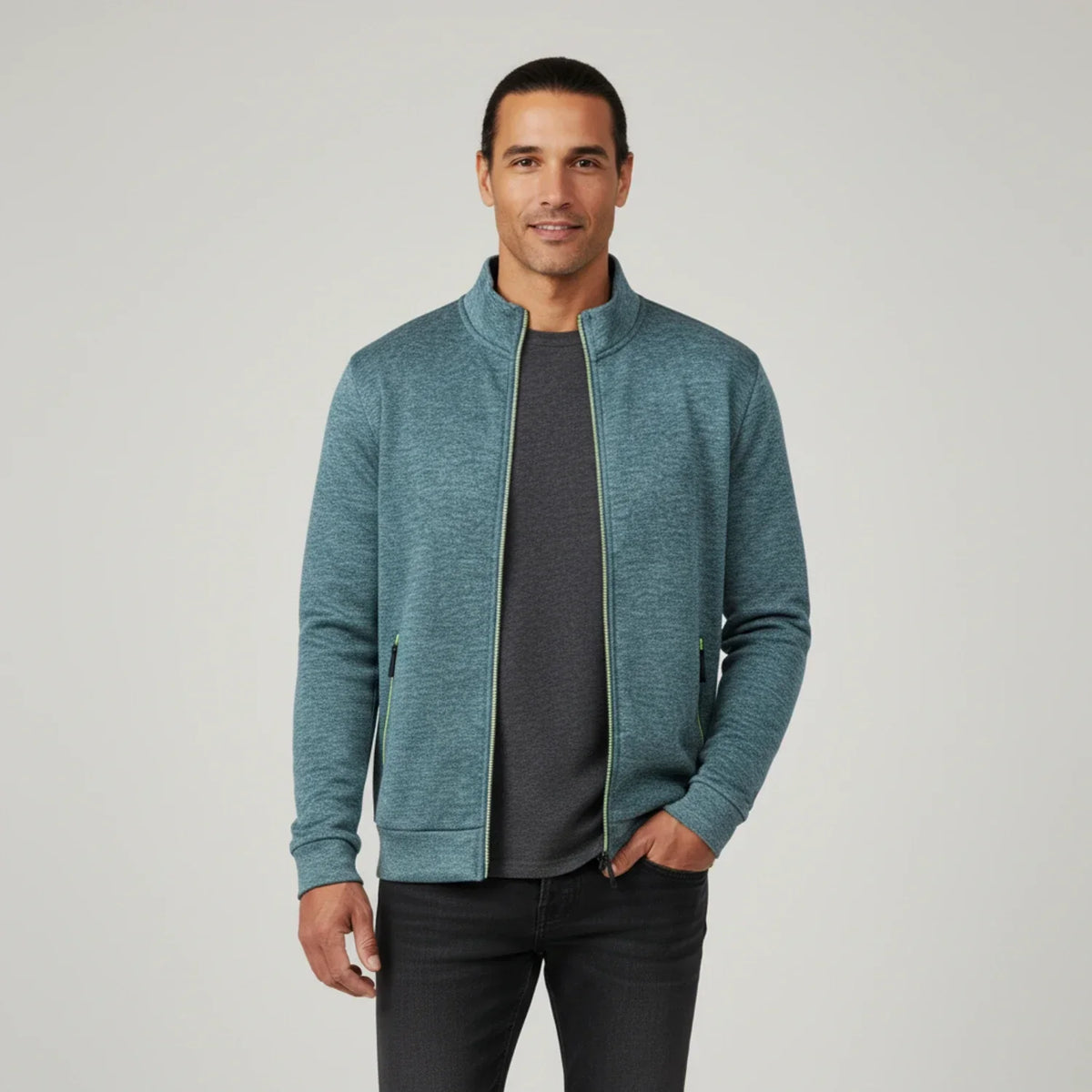 Street-Wave Mens Olive Green Full Zip Sweater Jacket With Zipper Pockets