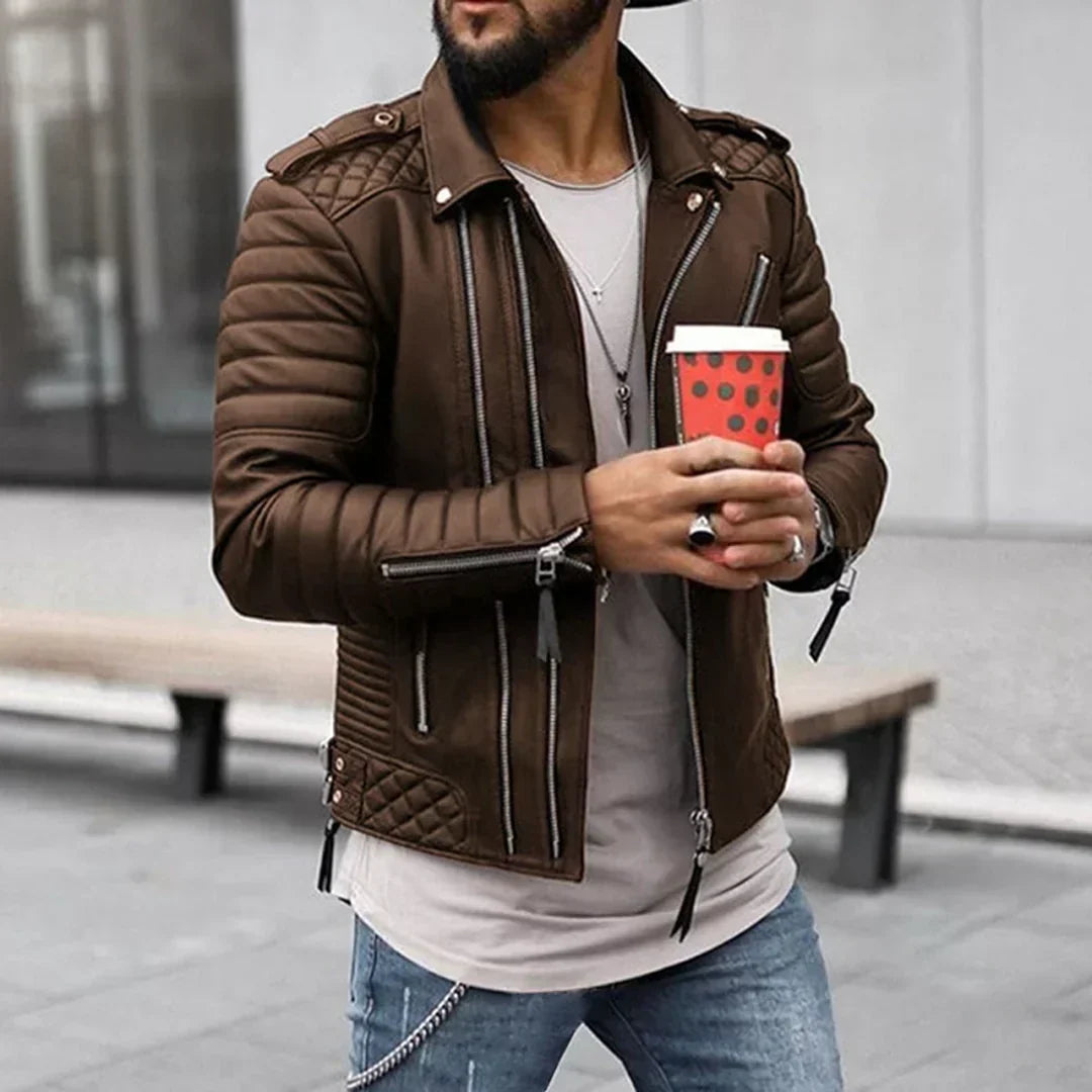 Street-wave Men's Faux Leather Jacket Timeless Style With Zipper And Quilted Shoulders