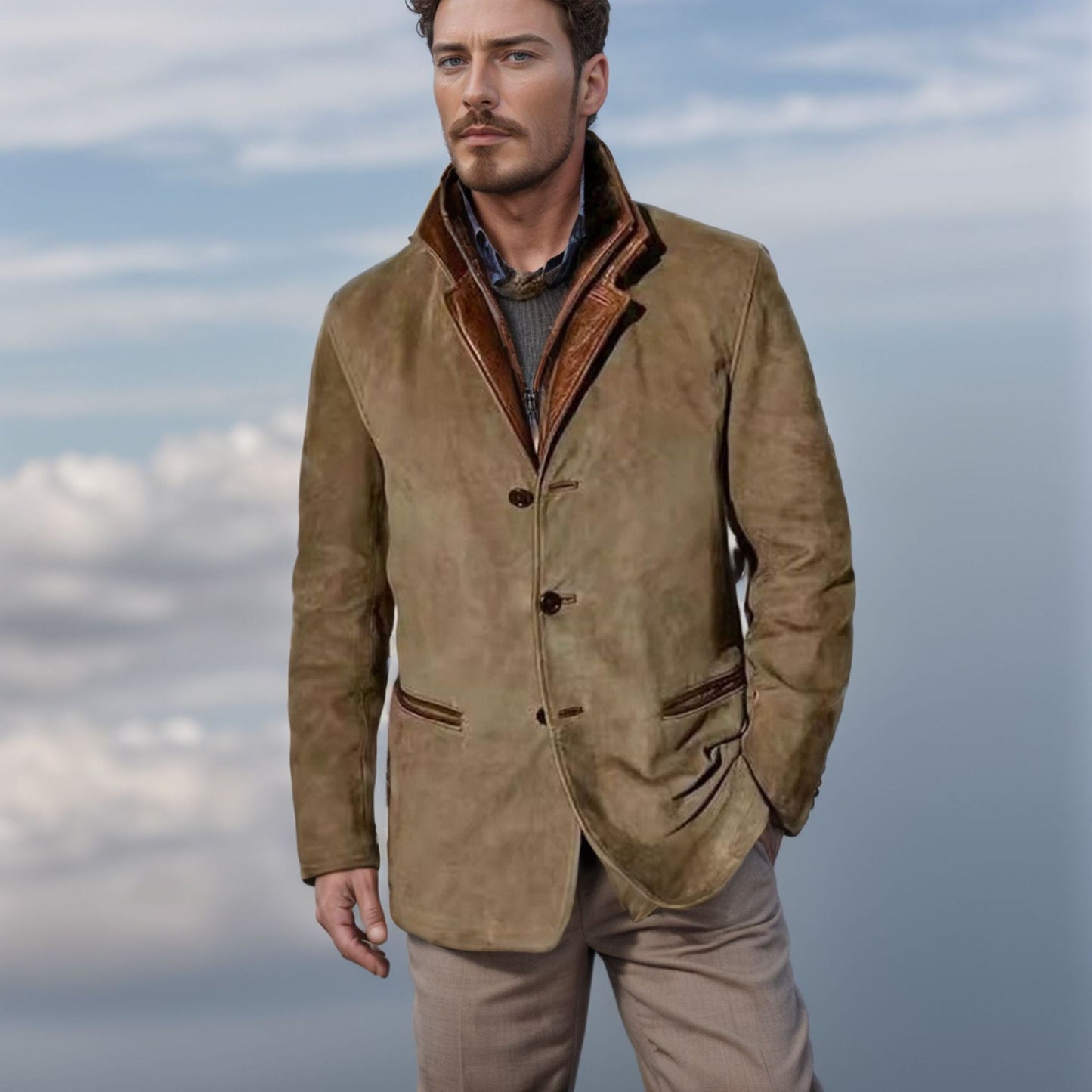 Street-Wave Mens Suede Leather Jacket With Leather Accents And Lapel Collar Design For Men