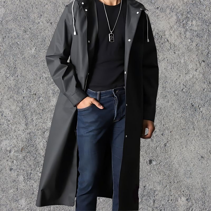Street-wave Men's Waterproof Hooded Knee-Length Lightweight Raincoat for Urban Rainy Days