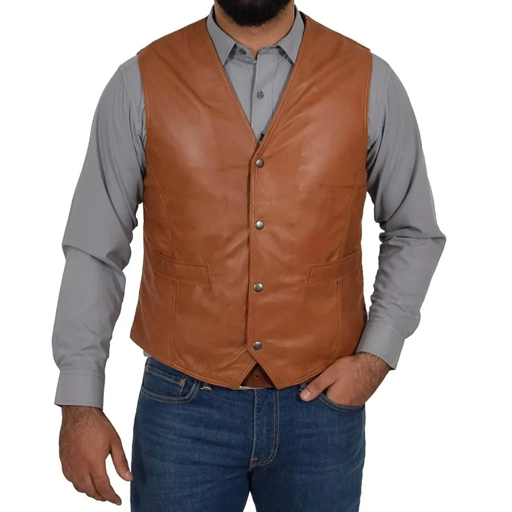 Mens Real Leather Traditional Waistcoat Biker Vest With Soft Viscose Lining For Everyday Wear