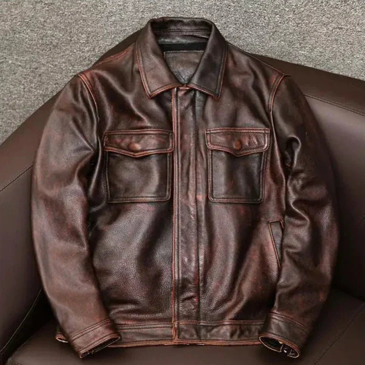 Street-Wave Vintage Outlaw Genuine Leather Jacket With Patina Breathable Cotton Lining And Hidden Zipper