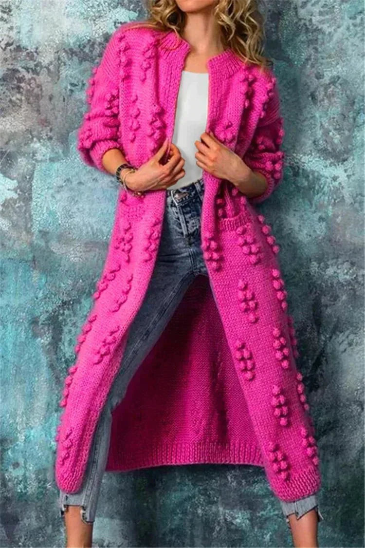 Street Wave Long Knit Cardigan With Textured Pattern For Women Red Open Front Cozy Chic