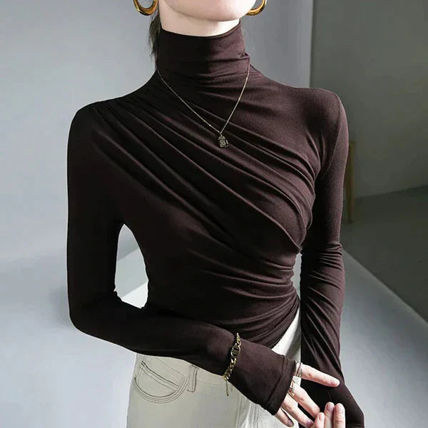 Street Wave Pleated Turtleneck Sweater For Women Soft Knit Warm Delicate Draped Folds Figure Flattering Fit