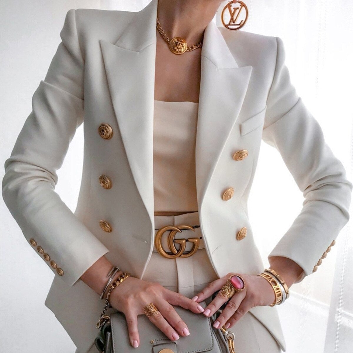 Street-Wave Navy Double Breasted Blazer For Women With Gold Button Detail And Elegant Comfort