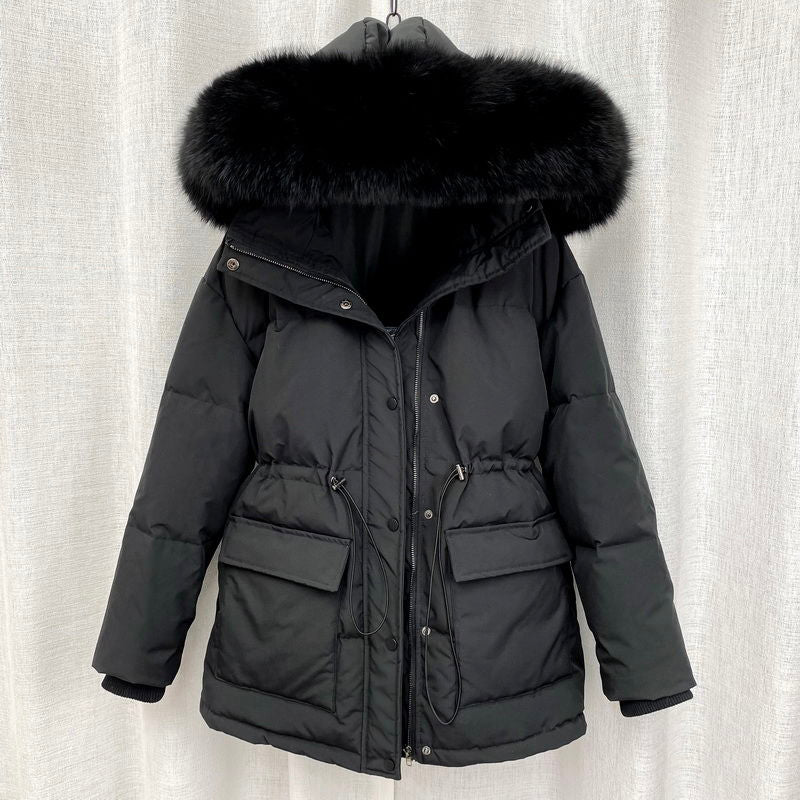 Street Wave Winter Parka For Women Warm Fur Hood Puffer Coat With Drawstring Waist