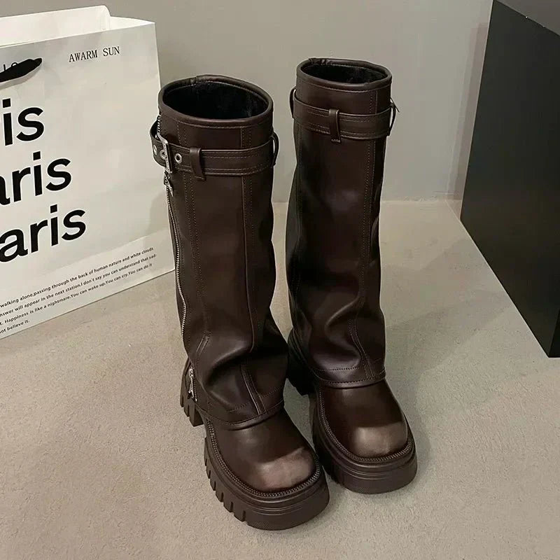 Street-wave Winter Knee High Boots With Square Block Heel For Women Zip Closure Leather Look