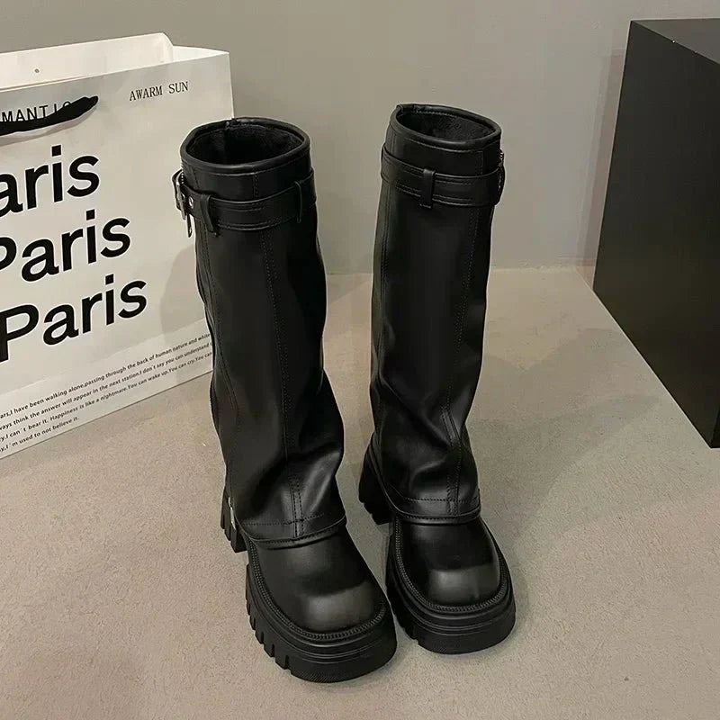 Street-wave Winter Knee High Boots With Square Block Heel For Women Zip Closure Leather Look