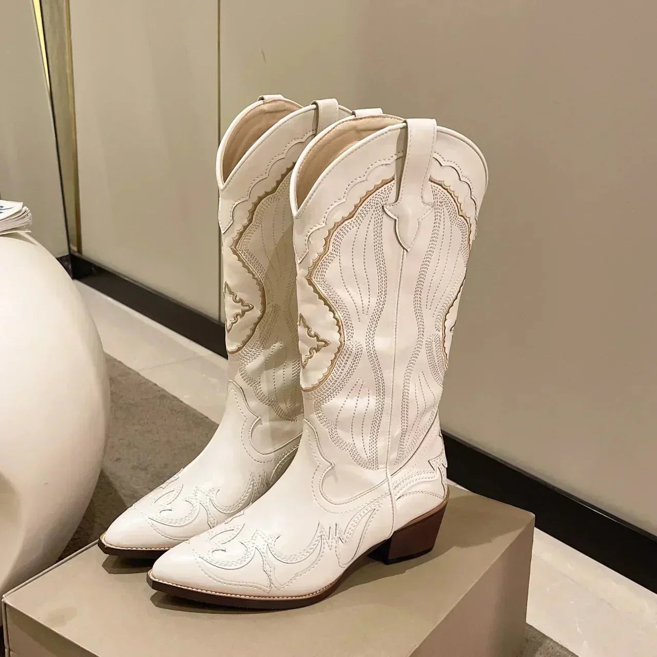 Street-wave Cowboy Boots With Block Heel And Mid Shaft, Decorative Stitching For Women Western Fashion