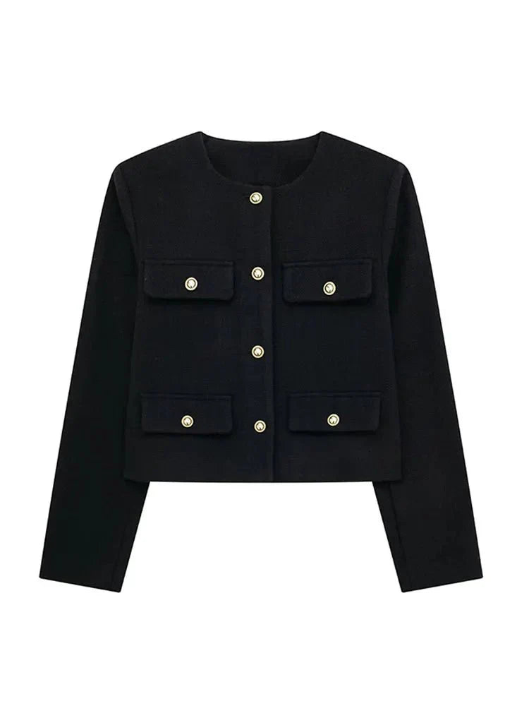 Street-Wave Women's Cross-Button Long-Sleeve Jacket With Gold Button Details For Modern Women