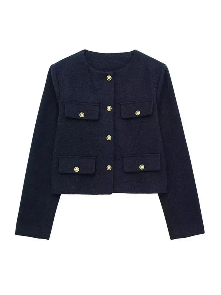 Street-Wave Women's Cross-Button Long-Sleeve Jacket With Gold Button Details For Modern Women