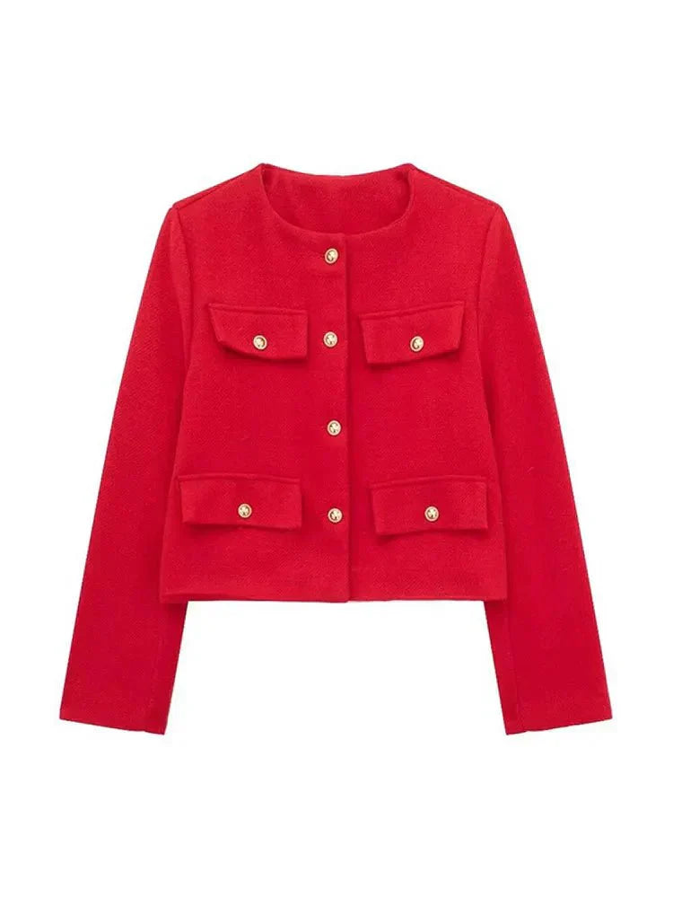 Street-Wave Women's Cross-Button Long-Sleeve Jacket With Gold Button Details For Modern Women