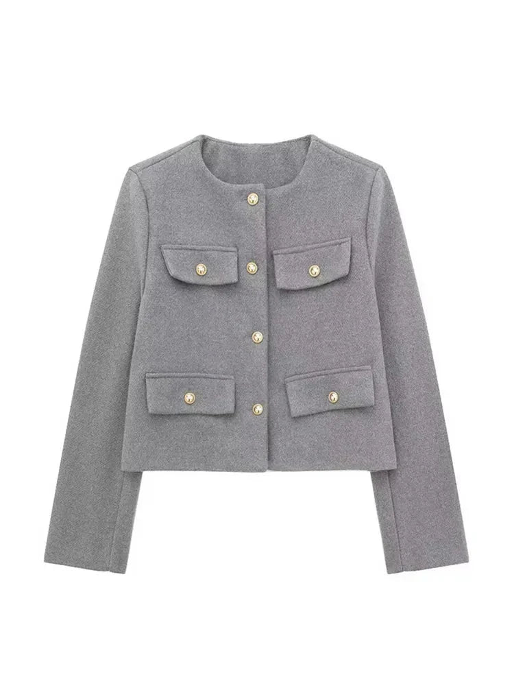 Street-Wave Women's Cross-Button Long-Sleeve Jacket With Gold Button Details For Modern Women
