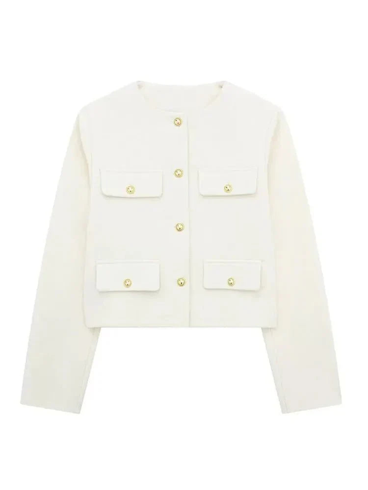 Street-Wave Women's Cross-Button Long-Sleeve Jacket With Gold Button Details For Modern Women