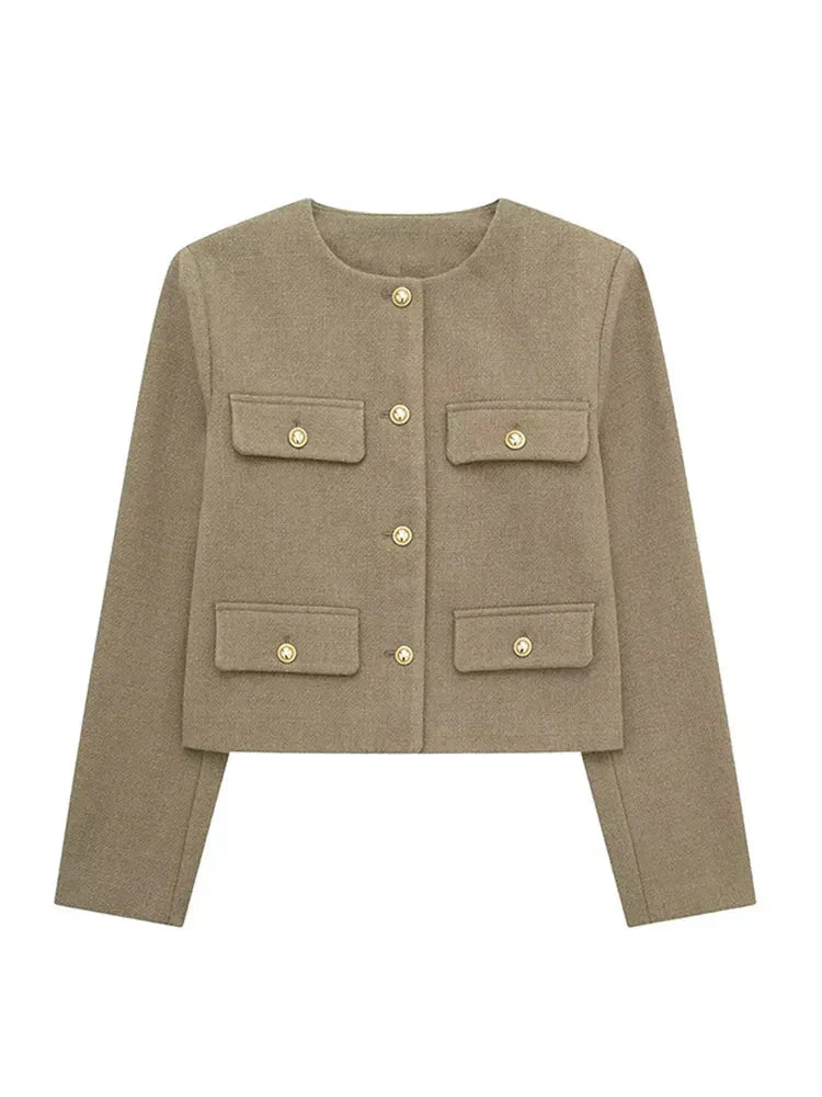 Street-Wave Women's Cross-Button Long-Sleeve Jacket With Gold Button Details For Modern Women