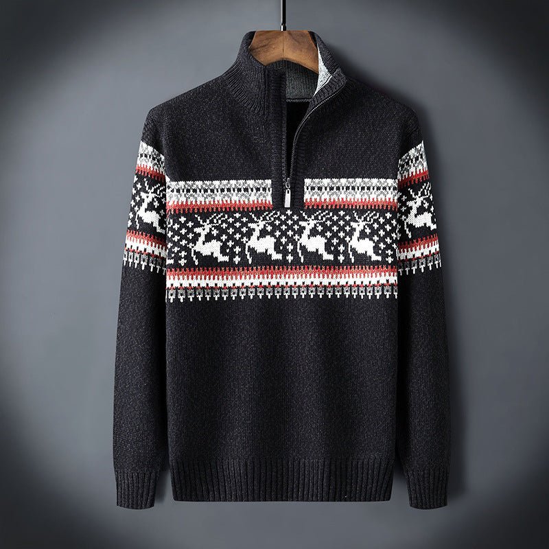 Men's Knit Sweater With Half Zip Wool Blend Nordic Pattern And Ribbed Edges For Cozy Winter Style