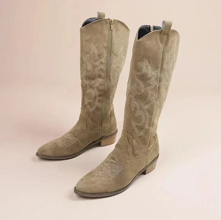 Street-wave Embroidered Cowboy Boots For Women With Low Heels Elegant Western Style