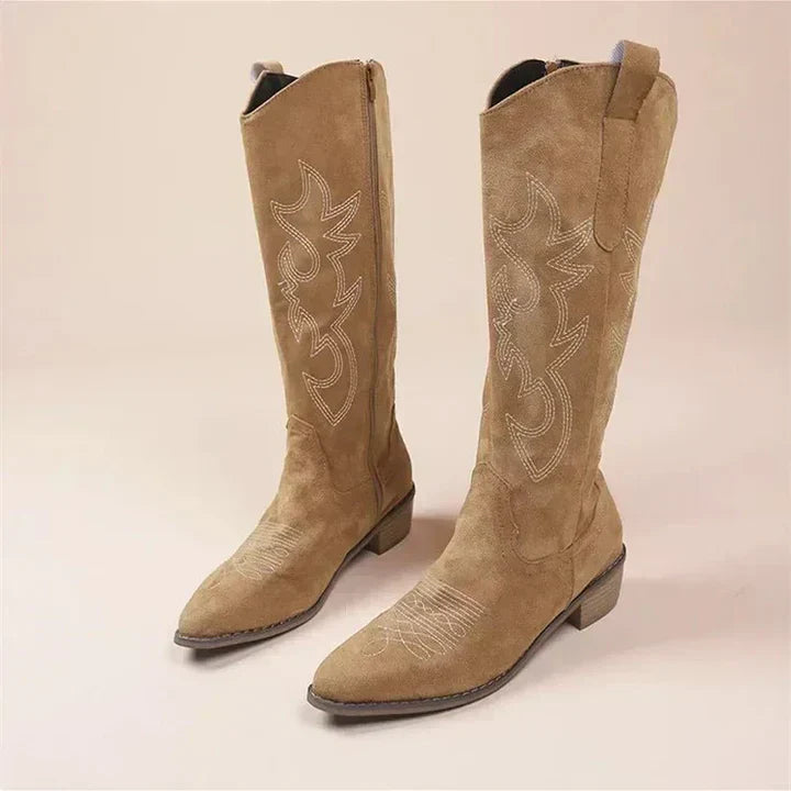Street-wave Embroidered Cowboy Boots For Women With Low Heels Elegant Western Style