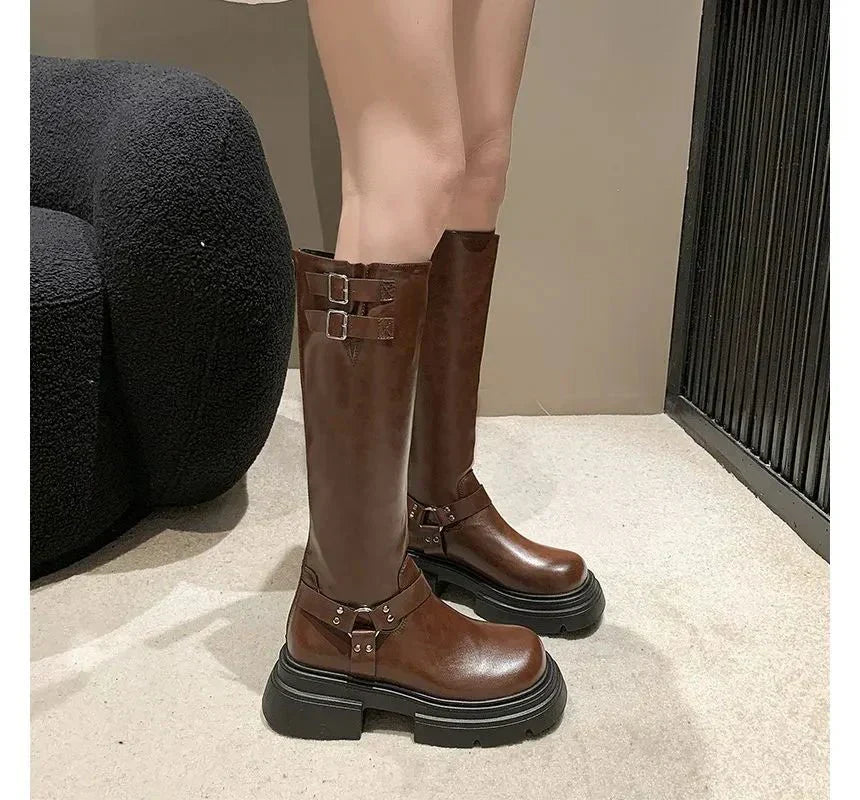 Streetwave Knee High Boots With Buckled Block Heel Chic All Day Comfort For Women