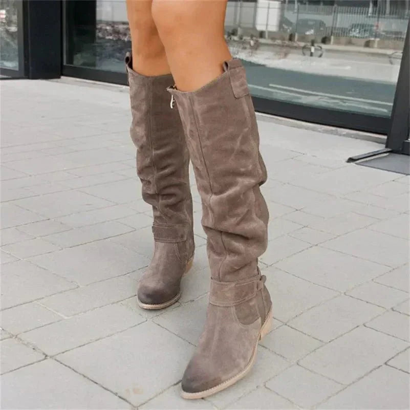 Street-wave Knee High Boots With Side Zip For Women Suede Look Chic Everyday Comfort