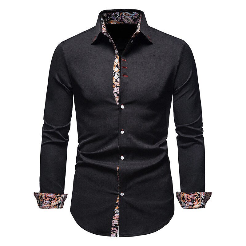 Mens Long Sleeve Slim Fit Dress Shirt With Classic Collar And Contrast Paisley Details Cotton