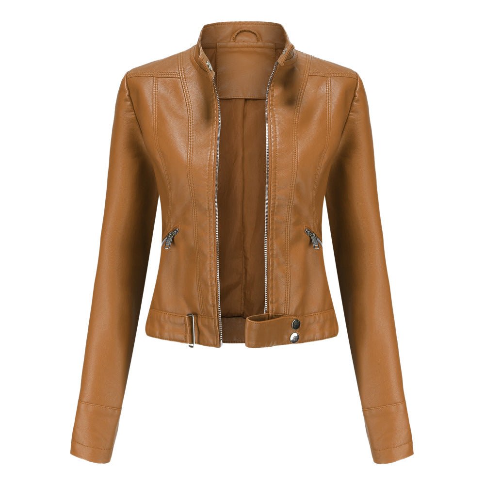 Streetwave Women Leather Biker Jacket Slim Fit Zip Front Stand Collar With Pockets Versatile Style