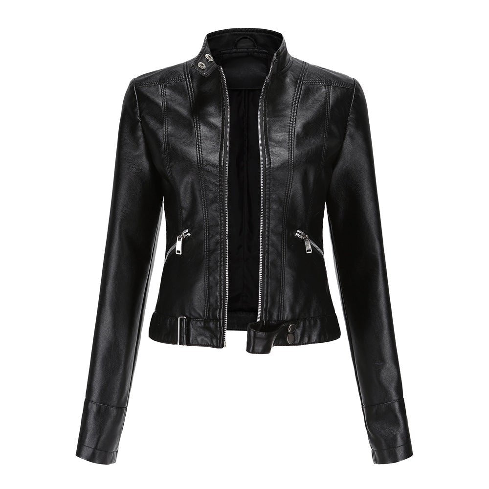 Streetwave Women Leather Biker Jacket Slim Fit Zip Front Stand Collar With Pockets Versatile Style