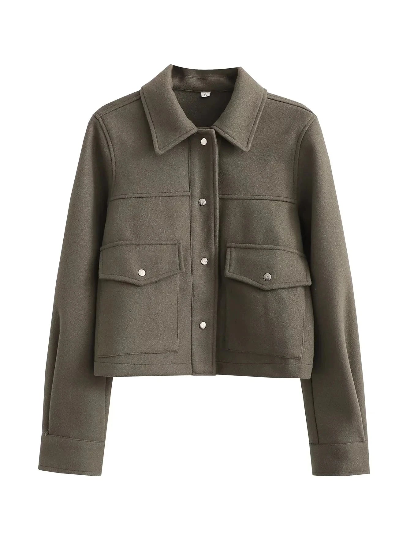 Street-wave Wool Blend Cropped Jacket With Button Closure For Women Tailored Fit Utility Style