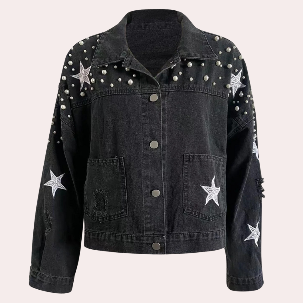 Street-wave Denim Jacket For Women Pearl Embellished With Star Detailing Autumn Must-Have