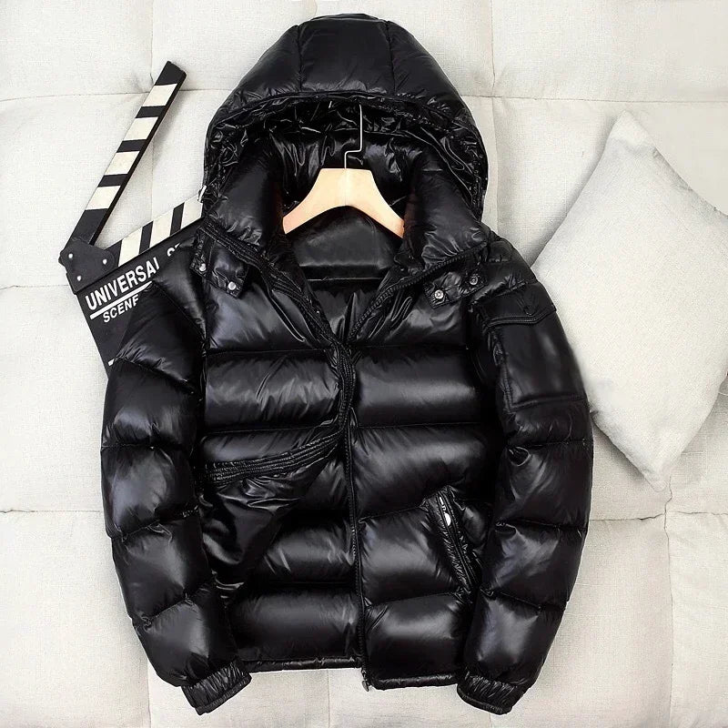 Nathan Men's Shiny Winter Puffer Jacket Hooded Down Coat Windproof Water Resistant Warm Insulated White Duck Down 3XL