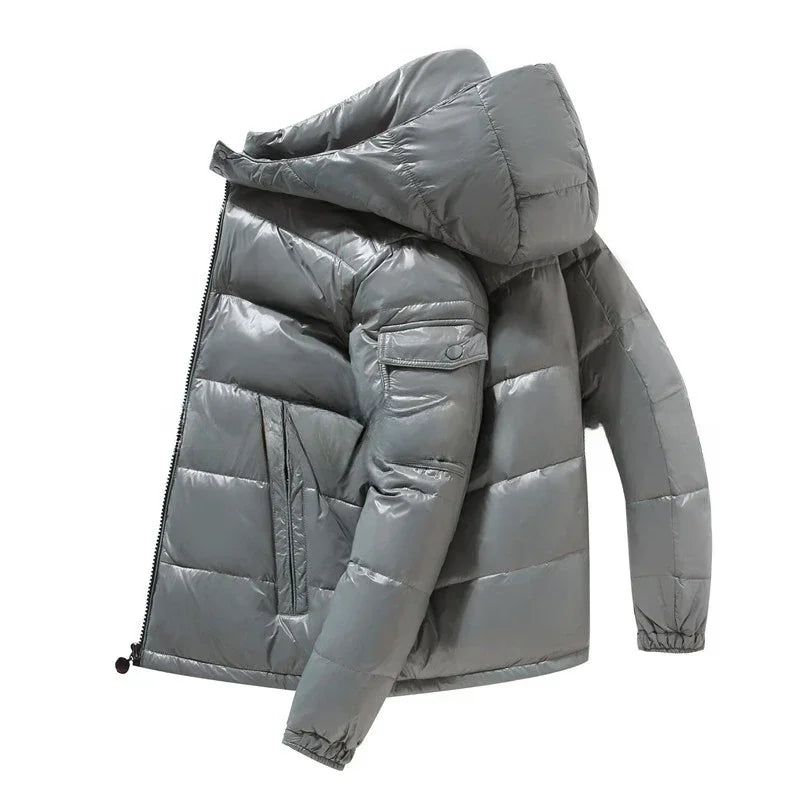Nathan Men's Shiny Winter Puffer Jacket Hooded Down Coat Windproof Water Resistant Warm Insulated White Duck Down 3XL