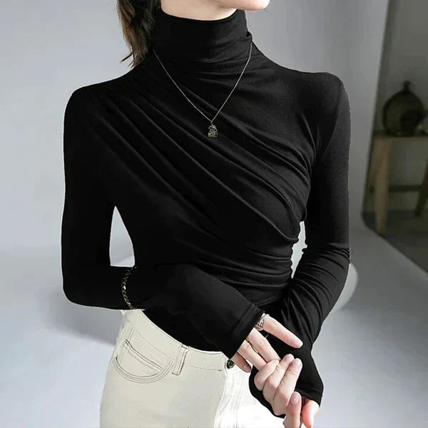 Street Wave Pleated Turtleneck Sweater For Women Soft Knit Warm Delicate Draped Folds Figure Flattering Fit