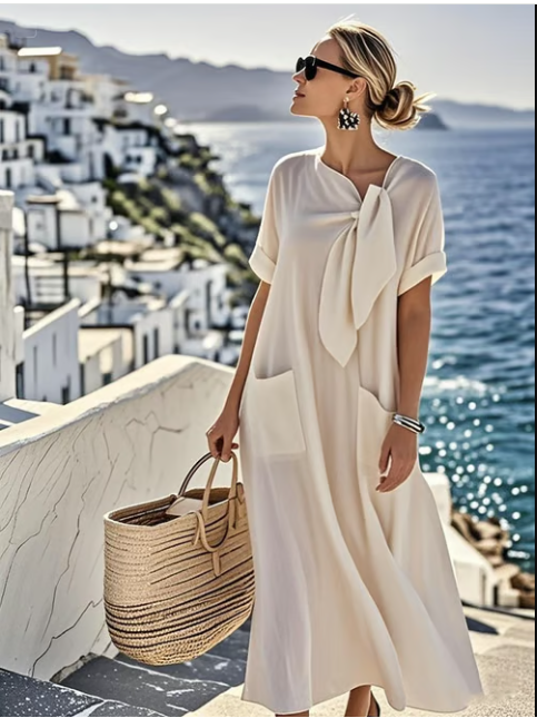 Women's Casual Dress with A-Line Cut and Short Sleeves