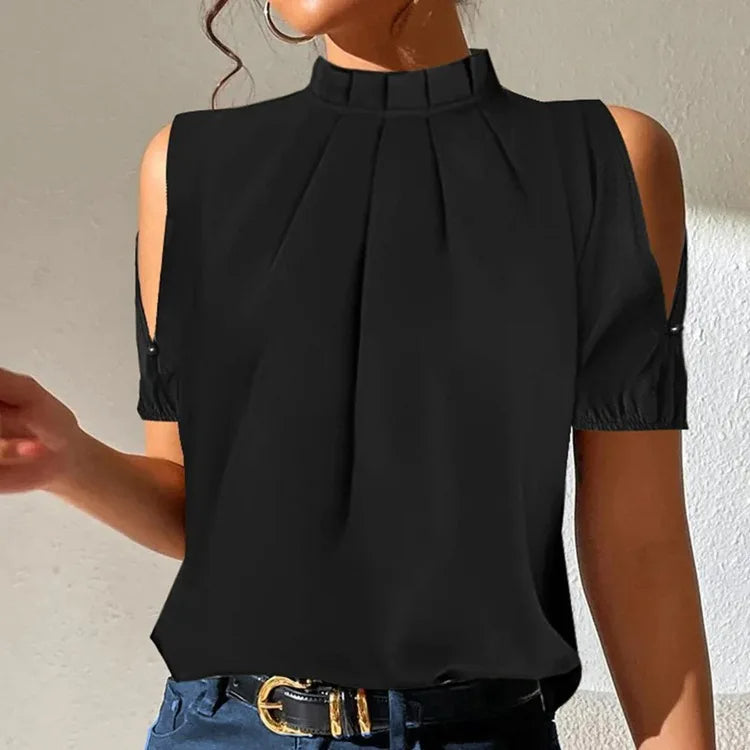 Street-wave Pleated Top for Women, Chic Casual Blouse With Pleated Neckline and Sheer Striped Sleeves