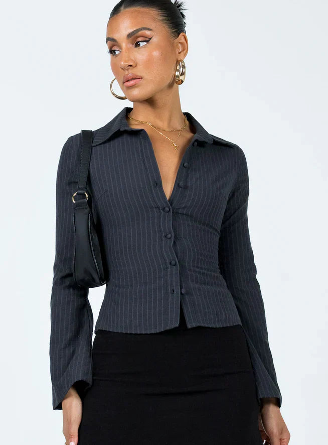 Street Wave Striped Wide Fit Blouse For Women Long Sleeves Tailored Fit Modern Classic