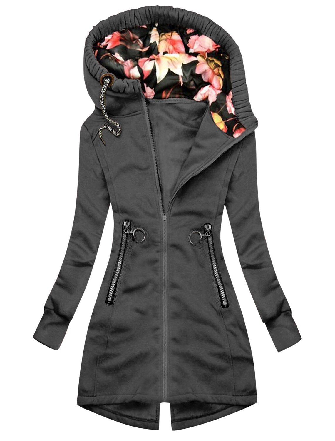 Street-wave Mustard Parka Coat for Women With Stand Collar Floral Hood Lining and Zipper Pockets