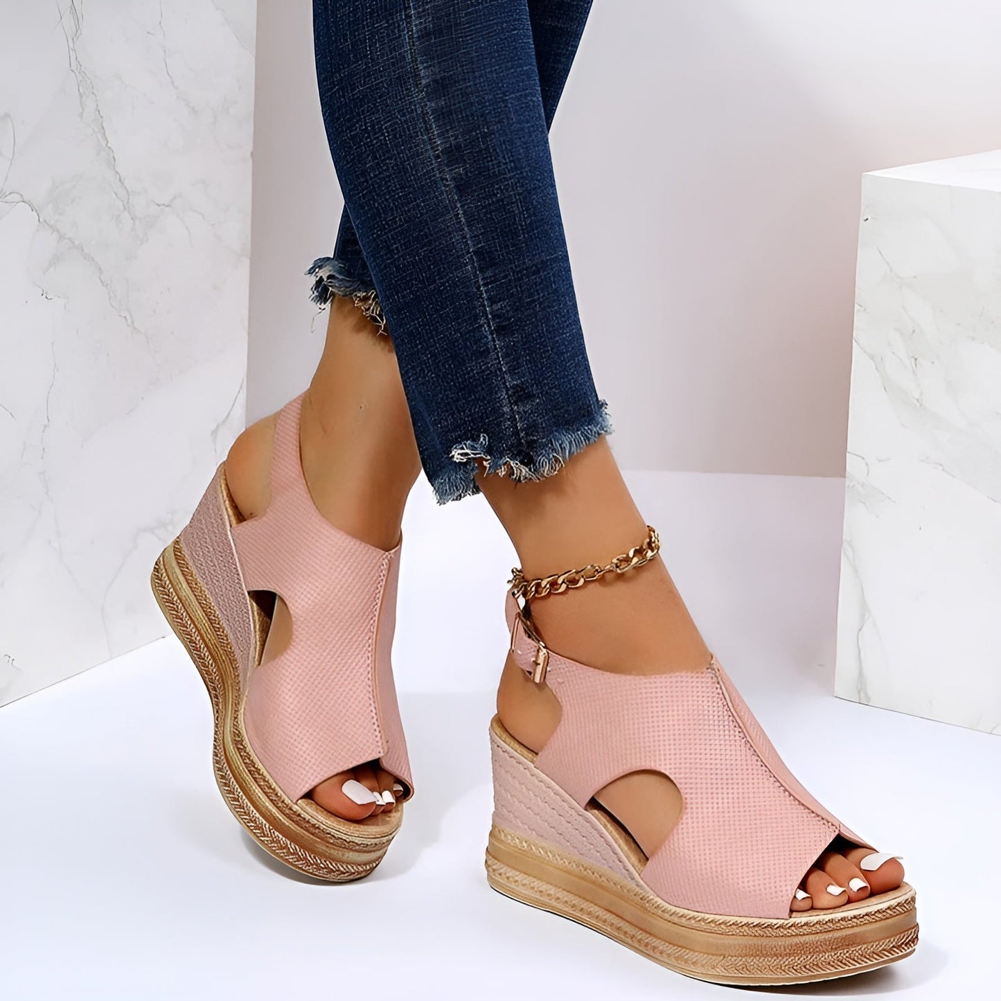 Street-Wave Women Orthopedic Footbed Sandals With Wedge Heel Peep Toe And Ankle Strap For All Day Comfort