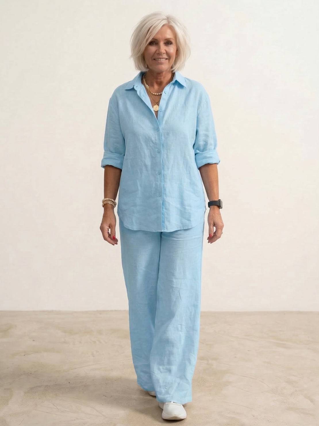 Women's Button-Down Shirt with Wide-Leg Trousers Set